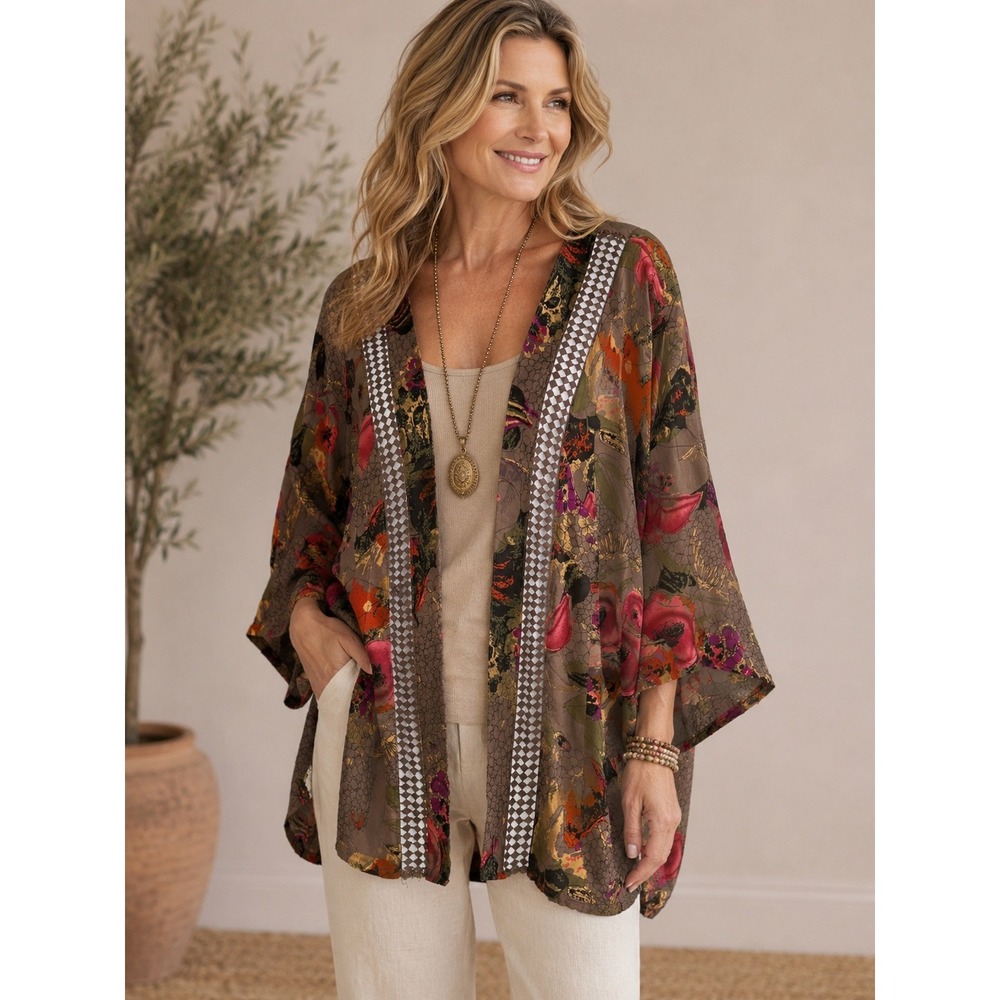 Soft Surroundings XL Floral Kimono Cardigan Open Front Crochet Trim Taupe‎ Pink